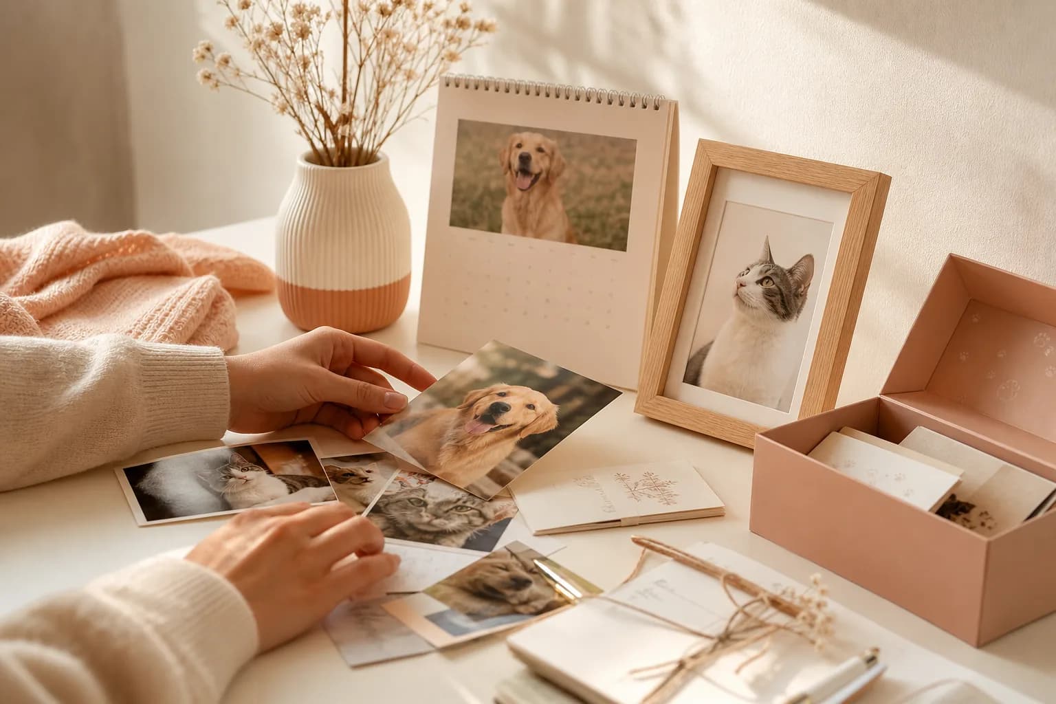Persona organizando fotos y recuerdos de sus mascotas