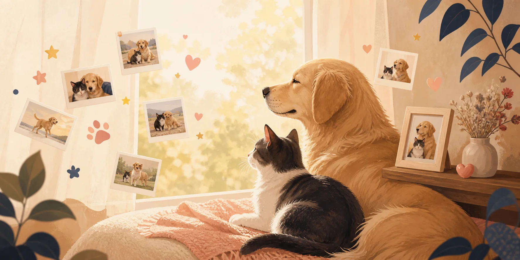 Ilustración de un perro y un gato rodeados de recuerdos felices